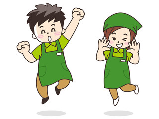 ジャンプするスーパーマーケット店員