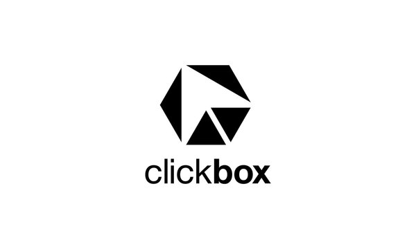 Black Click Box Negative arrow click with cube box logo concept