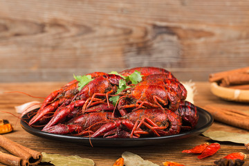Crayfish. Red boiled crawfishes on table in rustic style,  Lobster closeup.