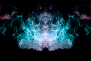 Abstract image of a bird's head made of wavy smoke of green and pink in the form of a pattern on a...