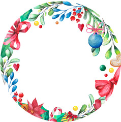 Watercolor decorative Christmas round frame. Postcard, greeting card, invitation card design. Christmas border