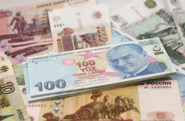 Two european currencies - Russian ruble and Turkish Lira