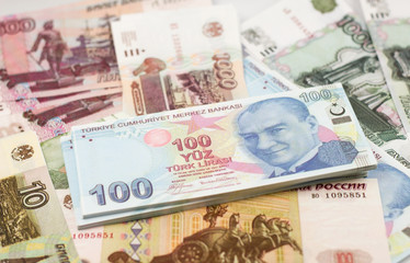 Two european currencies - Russian ruble and Turkish Lira