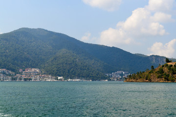 Fototapeta na wymiar Sea view. View from the ship to the coast, Turkey