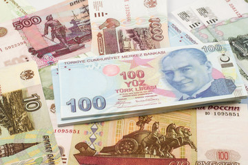 Two european currencies - Russian ruble and Turkish Lira