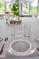 Crystal glassware. Glasses for wine, champagne and juice. Close up