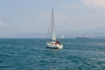 June 17, 2019 Fethiye Turkey. - Sailing pleasure boat for tourist boat trips in the Mediterranean