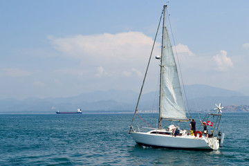 June 17, 2019 Fethiye Turkey. - Sailing pleasure boat for tourist boat trips in the Mediterranean