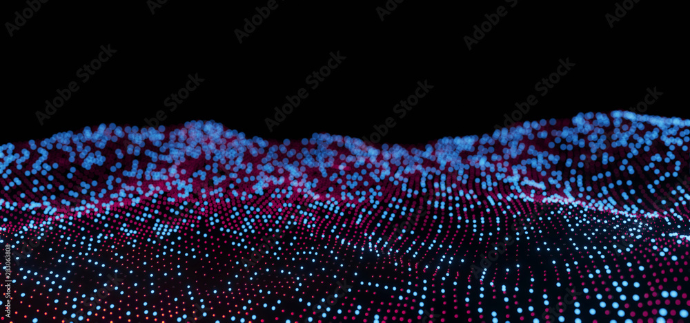 Poster 3d rendering of abstract digital landscape dots particles. distance blur. concept for futuristic sci