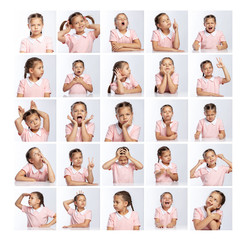 School girl in a pink jacket with different emotions. Collage. Square format.