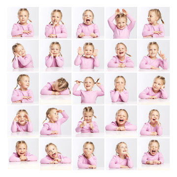 Little girl in a pink sweater with different emotions. Collage. Square format.