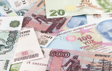 Fototapeta na wymiar Two european currencies - Russian ruble and Turkish Lira