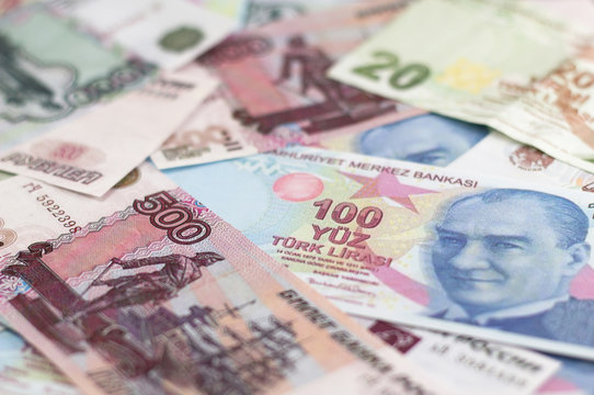 Two european currencies - Russian ruble and Turkish Lira