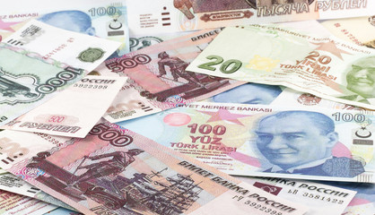 Two european currencies - Russian ruble and Turkish Lira