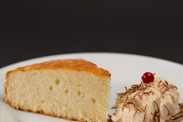 Pound cake with vanilla ice cream, chocolate and a cherry on top as a side.