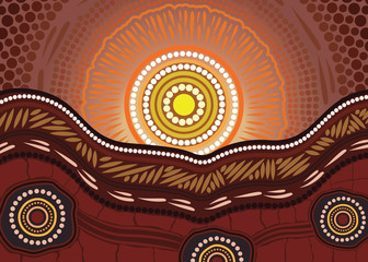 Nature concept, Aboriginal dot art vector painting depicting mountain