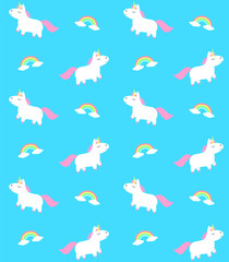 Vector seamless pattern of flat cartoon hand drawn doodle unicorn and rainbow isolated on blue background