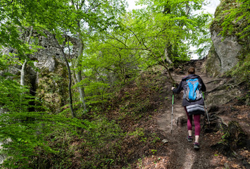 Naklejka premium Hiking woman and Sulov castle, Slovakia