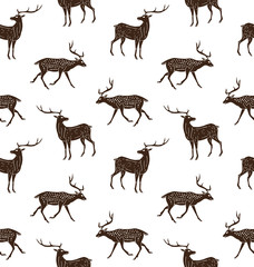 Vector seamless pattern of black hand drawn sketch deer isolated on white background