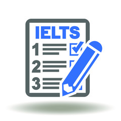 IELTS linguistic english test form logo. Checklist check mark pencil icon vector.