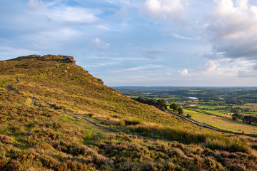 Panoramic view of Hen Cloud and the Roaches at sunset in the Peak District National Park.