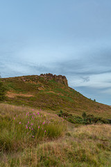 Panoramic view of Hen Cloud and the Roaches at sunset in the Peak District National Park.