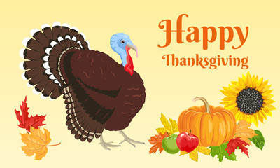 Happy Thanksgiving. Vector illustration of turkey, pumpkin, apples, maple leaves and sunflower on yellow background. Greeting card, banner, poster.