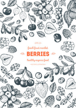 Berries hand drawn, vector illustration frame. Hand drawn sketch illustration with goji berries, cranberry, cloudberry, cherry, raspberry, currant, strawberry. Food design template with berries