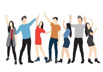 Fototapeta premium Set of men and women standing, hands up, dancing in various poses, cartoon character, group business people , vector silhouette, flat designe icon, different colors, isolated on white background