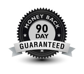 Fototapeta na wymiar Silver color 90 day money back guaranteed banner, sticker, tag, icon, stamp, label, sign, badge with ribbon on top isolated on white background.