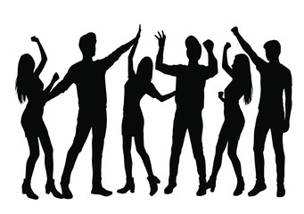 Fototapeta premium Set vector silhouettes men and women standing, profile, hands up, different poses, group business people, black color, isolated on white background