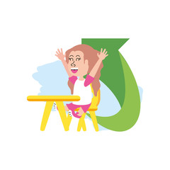 little student girl sitting in school desk with arrow