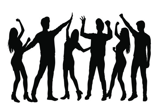 Set vector silhouettes men and women standing,  profile, hands up, different poses,    group business  people,   black color, isolated on white background