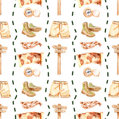 watercolor seamless pattern - hiking in the forest, camping