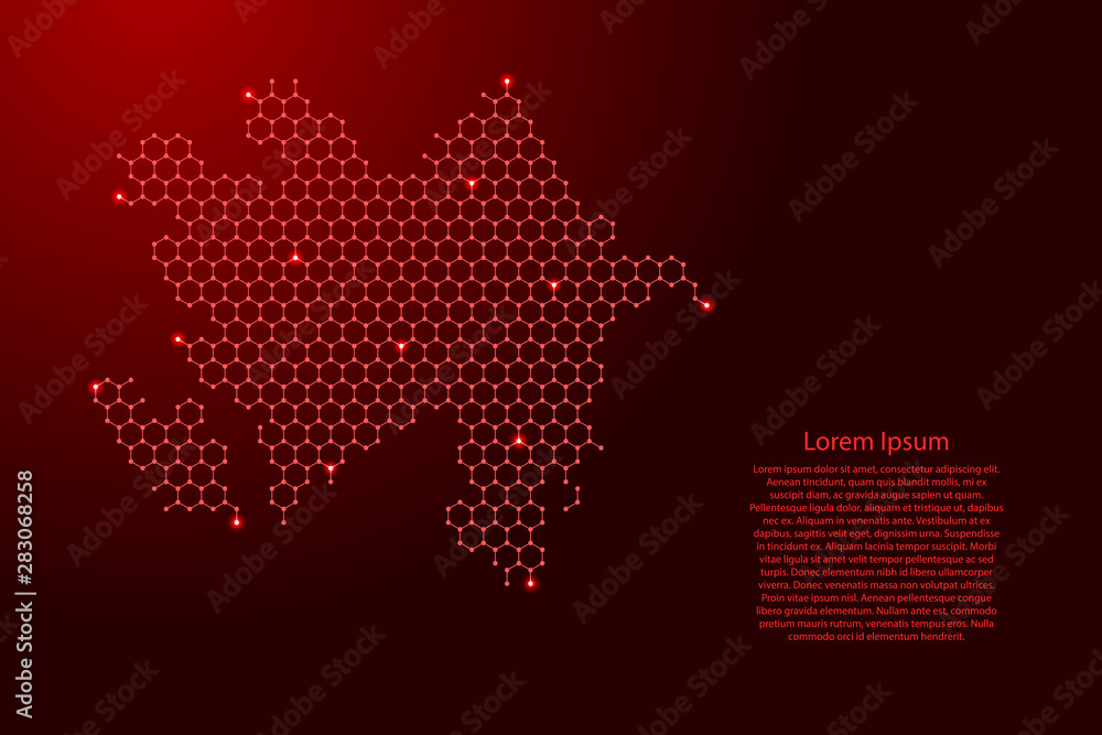 Wall mural Azerbaijan map from futuristic hexagonal shapes, lines, points red and glowing stars in nodes, form of honeycomb or molecular structure for banner, poster, greeting card. Vector illustration.