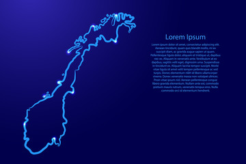 Norway map from the contour blue brush lines different thickness and glowing stars on dark background. Vector illustration.