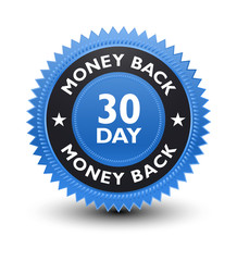 Simple yet excellent powerful high quality blue color 30 day money back guaranteed banner, sticker, tag, icon, stamp, label, sign, badge isolated on white background.