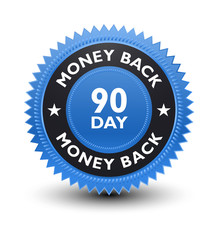 Simple yet excellent powerful high quality blue color 90 day money back guaranteed banner, sticker, tag, icon, stamp, label, sign, badge isolated on white background.