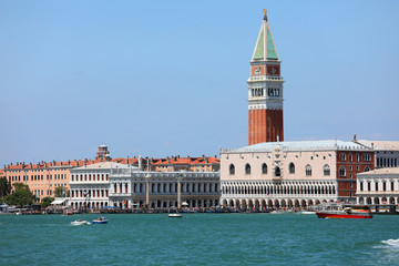 Fototapeta na wymiar Venetian Lagoon and the Bell Tower of Saint Mark and Ducal Palac
