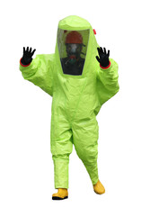 fireman wears a special yellow phosphorescent coverall to exting
