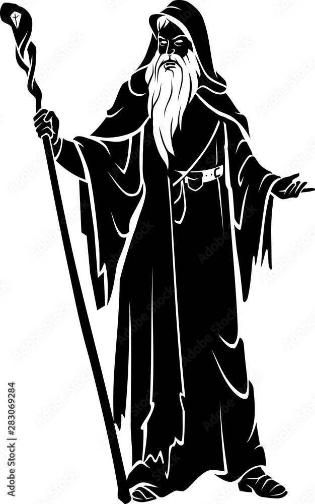 Sticker Medieval Black Wizard, Fantasy Character Illustration