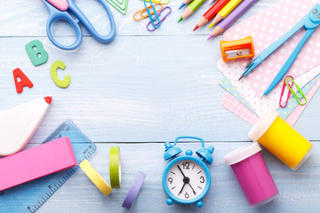 School stationery on blue background