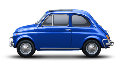 Small retro car of blue color, side view isolated on a white background. - obrazy, fototapety, plakaty