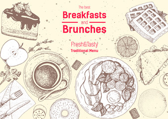 Brunch and breakfast top view frame. Food menu design. Vintage hand drawn sketch vector illustration