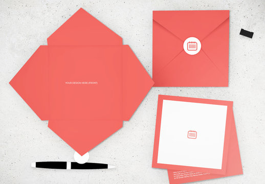 Event Invitation Set With Folded Envelope And Sticker Layout