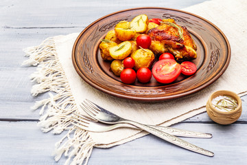 Roast chicken thighs and baby potatoes