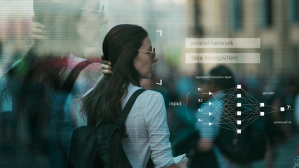 Facial recognition and search and surveillance of a person in the modern digital age, the concept.