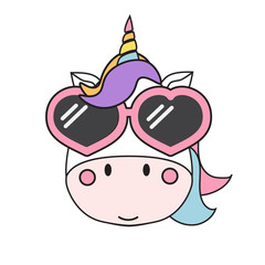 cute unicorn with heart sunglasses, vector illustration