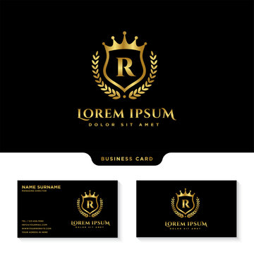 Luxury Royal Letter R Crest Gold Color Logo Vector, Victory Logo, Crest Logo With Business Card Template Vector