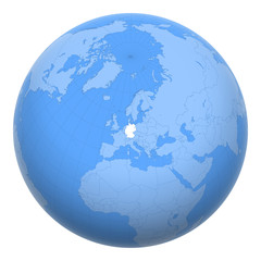 Germany on the globe. Earth centered at the location of the Federal Republic of Germany. Map of Germany. Includes layer with capital cities.